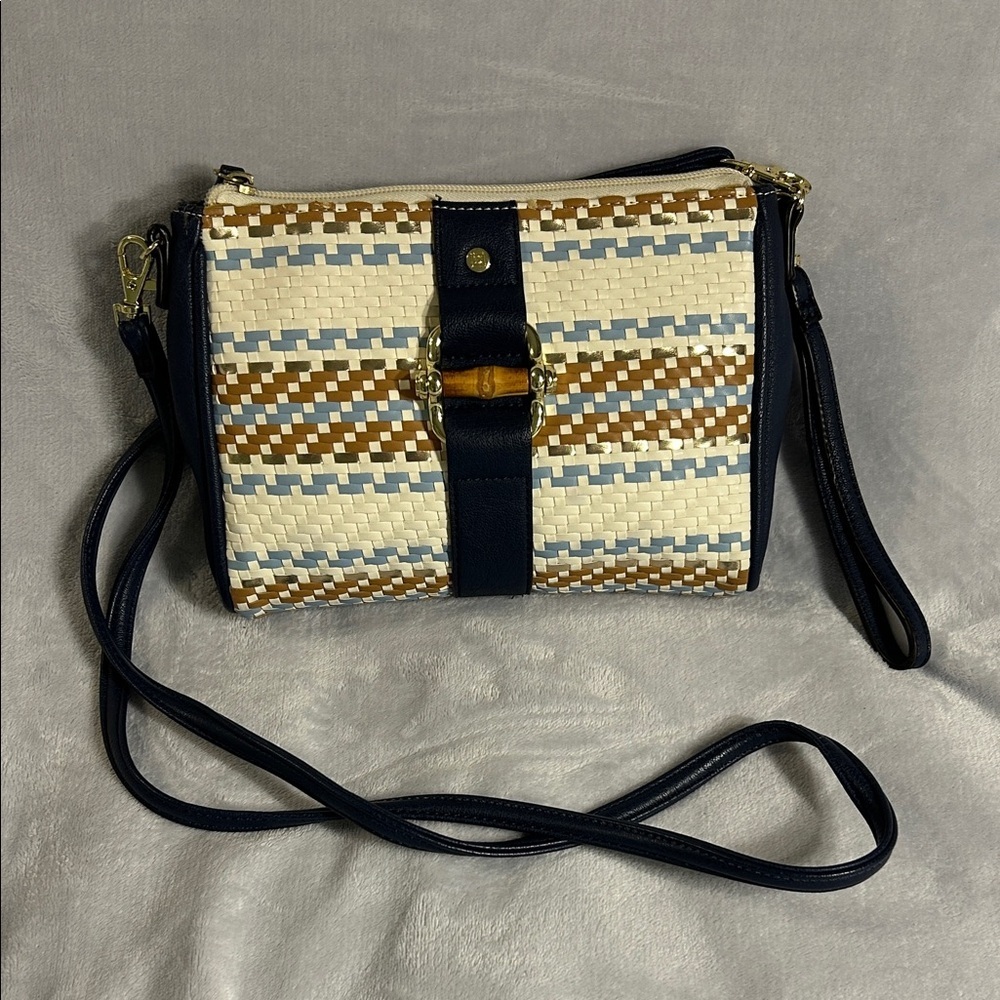 Liz Claiborne Woven Crossbody Bag With Wristlet Strap - Navy and Cream